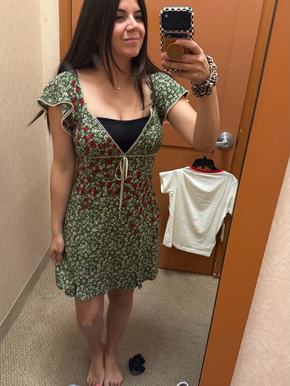 Free People Green Floral Tie-Waist V-Neck Dress with lady bugs - Picture 5 of 5
